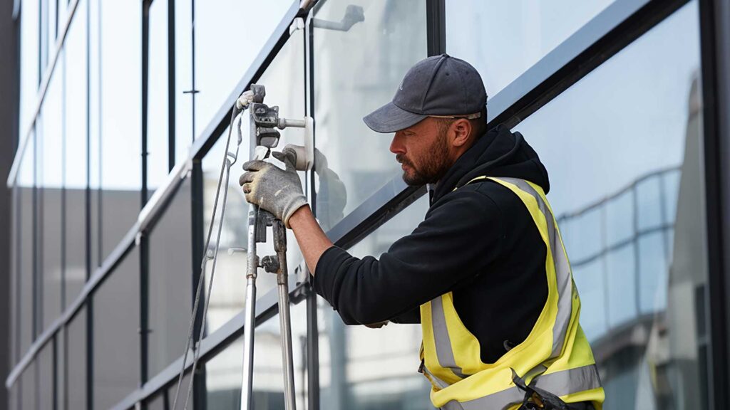 Calgary commercial glass repair team replacing storefront window.